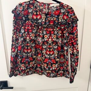 LOFT Black Floral Blouse with Red and White Accents